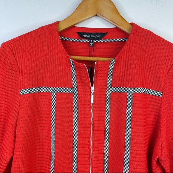 Ming Wang Poppy Red Gingham Trim Zip Front Long Sweater Jacket Womens S new nwt - Picture 3 of 16